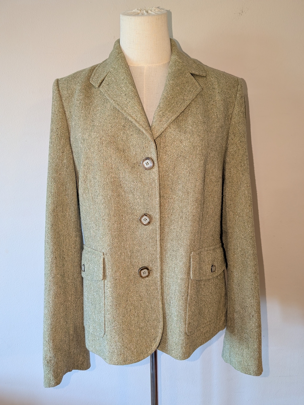 Vintage/Y2K Light Olive Green Tweed Wool/Silk Blend Jacket With Pockets